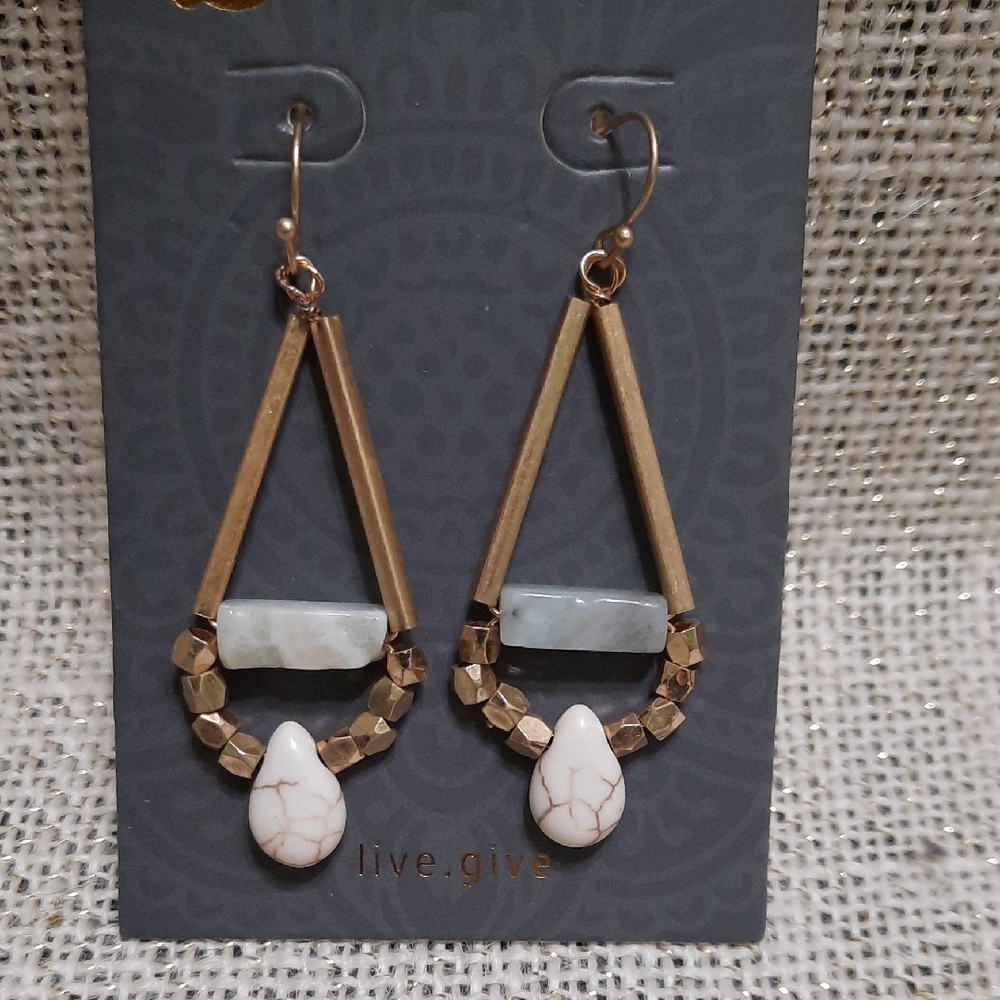 Antiqued Gold and White Geometric Earrings with Stones